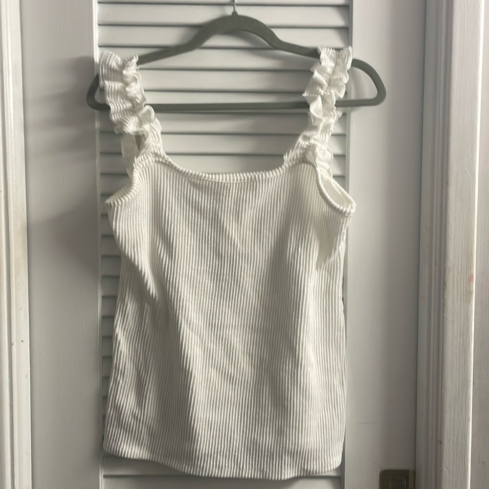 Blue Buttercup White Tank W/Girly Ruffles Straps-NWT size medium